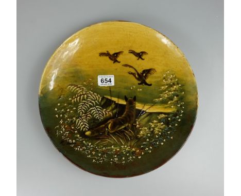 Wileman Faience charger decorated with Fox and Pheasants signed by  R Seadon , diameter 35cm  (restored crack to rim)