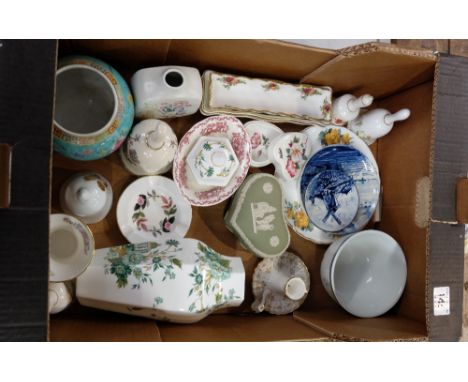 A collection of mixed items to include Crown Staffs lidded vase, Delft items, Oriental bowl, Royal Albert and Coalport bon bo