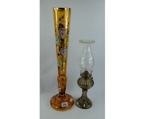 Large Victorian hand painted glass vase together with pressed glass oil lamp (2) 