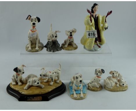 A collection of Royal Doulton Walt Disney 101 Dalmations figures to include Cruella De Vil DM1, Pongo DM6, Penny & Freckles D
