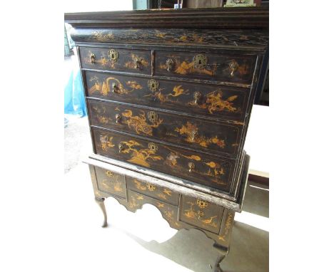 18th C chest on stand, with frieze drawer above two short and three long drawers, the knee hole base with two deep and one sh