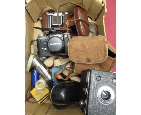 Kodak Retina IIa, Prinzflex 500E camera, Kodak box camera, small tripod, light meter, etc 