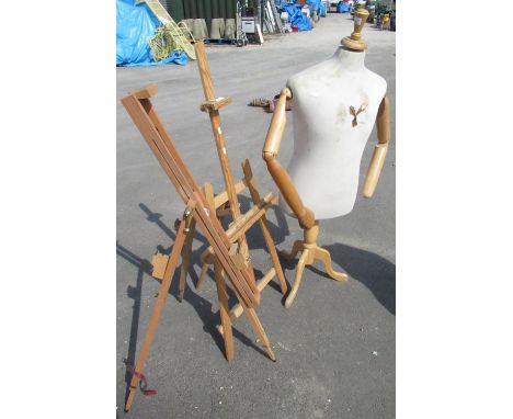 Fabric covered torso model, with articulated arms (lacking 1 hand) on tripod stand, a Windsor and Newton folding artists ease
