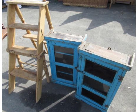 Vintage pine metamorphic library step chair H95 W43 D65, and a pair of vintage painted oak glazed door side cabinets W38 D18 