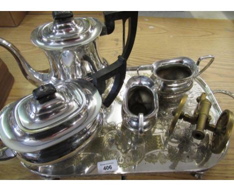 Viners four piece silver plate tea set, a brass model of a cannon and a Viners cased cutlery service for six covers 