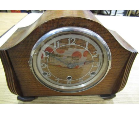 1930's oak cased mantel clock, silver plated bezel enclosing skeletonised chapter ring, three train Westminster chiming movem
