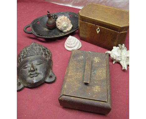 C19th mahogany tea caddy, with ebony and boxwood stringing and ivory escutcheon, Indo-Persian carved tribal mask, early C20th