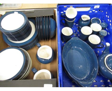 Large Denby blue and white dinner and tea service, including tea pot, serving dishes, plates, side dishes, mugs, etc (2 boxes