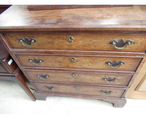 C19th Geo. I style feather and crossbanded walnut chest of four long graduated cockbeaded drawers, on shaped bracket feet W76