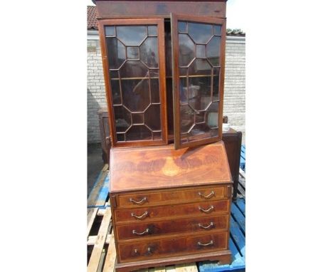 Edwardian satin wood cross banded and strung mahogany bureau bookcase with swan neck pediment and two astragal glazed doors a