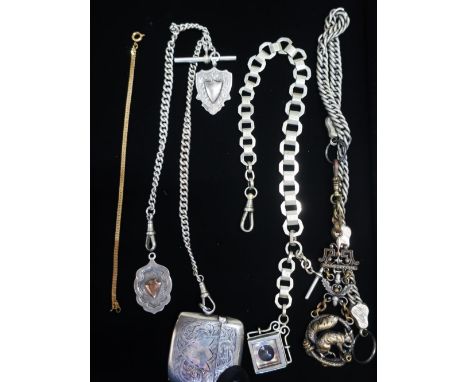 Hallmarked Sterling silver Albert chain with hallmarked fob and vesta, another Sterling silver Albert chain with fob and comp