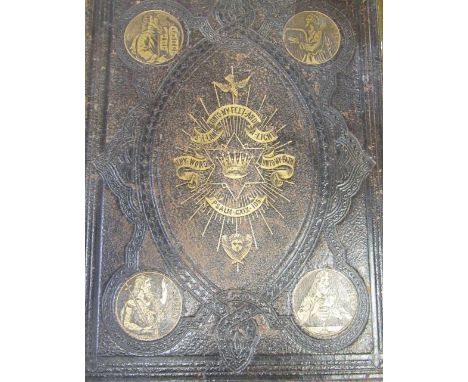 Large leather bound and gilt highlighted Victorian  family bible and a reproduction brass ship style compass (2) 