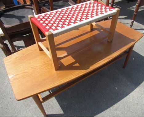 Light oak coffee table on turn supports with under tier W120cm D55cm H44cm) and a beech stool with two colour woven string ty