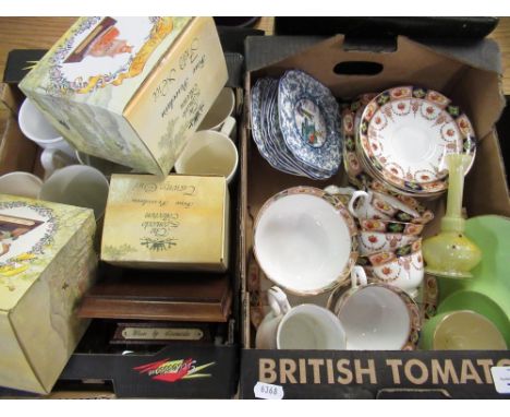 Part English china tea service, six small Delft plates, various commemorative royal mugs, small ships in bottles, etc (2 boxe