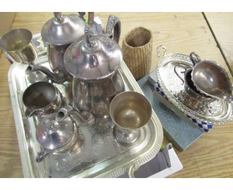 Four piece silver plated tea set, early 20th C silver plated cream jug, sugar basin and other plated wares 