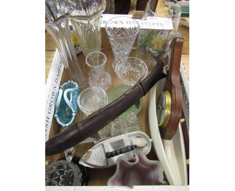 Collection of various glass ware including trumpet vases, small crystal vases, pressed glass, a Sylvac boat shaped dish, fish