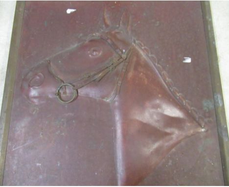 Relief patinated copper head and neck portrait of a horse, in lacquered brass frame W38.5cm H51.5cm 