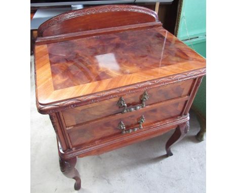Pair of French rococo style walnut bedside cabinets with raised backs and two drawers on angular cabriole legs, W54cm D35cm H