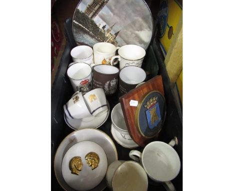 Collection of decorative presentation mugs, collection of glassware including two clear glass decanters, a Galileo thermomete