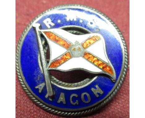 Edw.VII silver and enamel R M S Aragon lapel pin badge Birmingham 1909, Geo.V silver presentation diving spoon Birminghanm 19