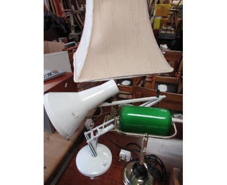 Bankers style brass lamp, white angle poise lamp, and a Corinthian column brass table lamp (3) 