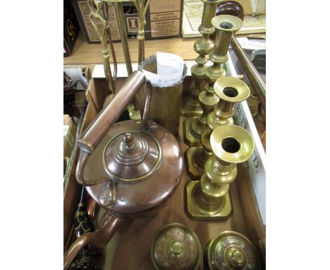 Two pairs of C19th brass candlesticks with knot stems, step bases H29.5cm,H25cm, C19th copper kettle, companion set, Adams Ja