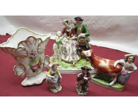 Late C19th early C20th Dresden style group depicting a family beside a rustic arbor H23cm, pair of Sitzendorf figures (1AF) a