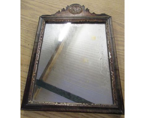 C18th walnut framed mirror with carved and painted shell cresting W25cm H37cm 