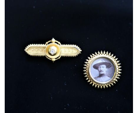 15ct gold and Diamond bar brooch stamped 15ct, 6.5g and another brooch with portrait 