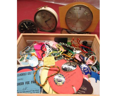 Enameled Wetherby Race club badges, club enclosure badges, Westclox alarm clock and a Smiths alarm clock 