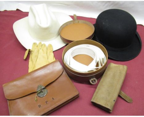 C20th black felt bowler hat size 7, cream felt Stetson, early C20th tan leather collar box containing wing and other collars,