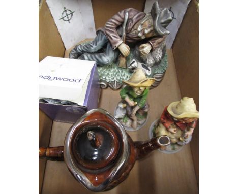 Capodimonte style model of a hunter with dog resting by a rock, pair of C20th Dresden style figures, treacle glazed toby teap