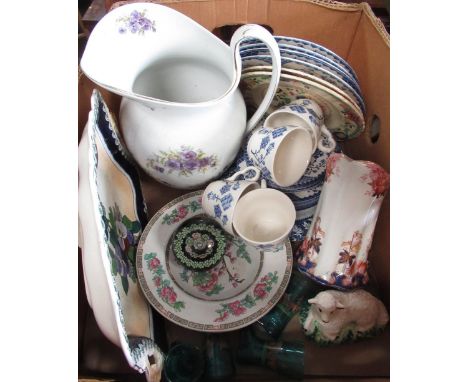 Victorian water jug, blue and white four piece tea service, two Masons Persiana pattern plates and other ceramics 
