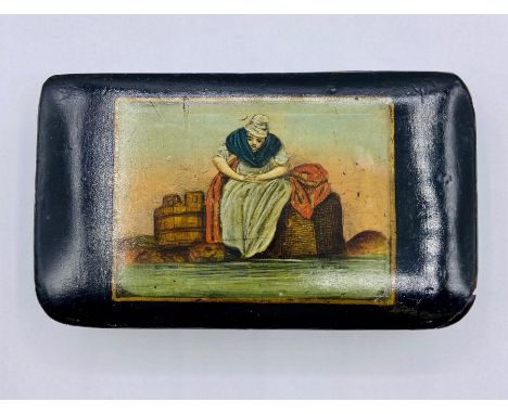 A Georgian snuff box with painting of washer woman to lid
