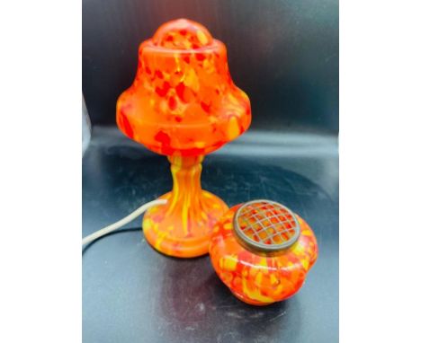 A blown glass orange lamp and rose bowl 