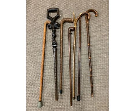 A Large collection of walking sticks including an African tribal stick.