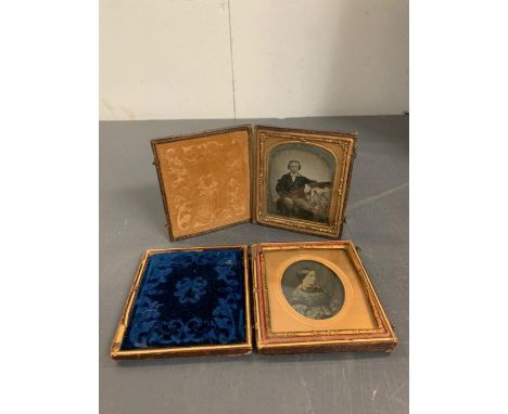 Two vintage travel photo frames in leather cases with original photograph 