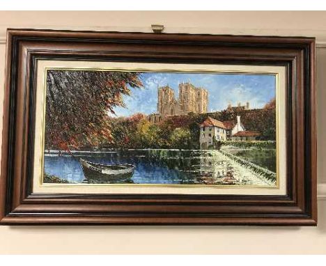 Dallas K. Taylor : Durham Cathedral from the River Wear, oil on board, signed, framed. 