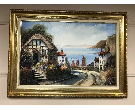 Dallas K. Taylor : Cobbled street by a coastal town, oil on board, signed, framed. 