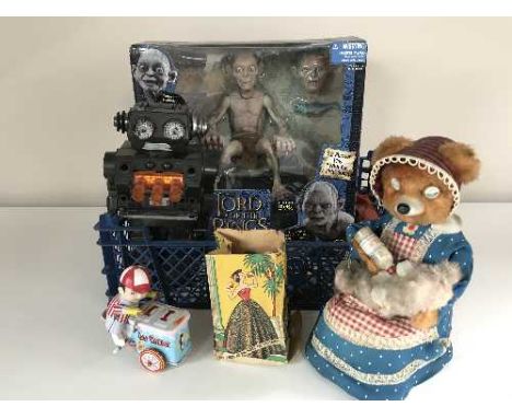A basket of mid 20th century tin plate toys including an ice cream salesman, Shucho Examico 4001, tinplate car, plastic robot