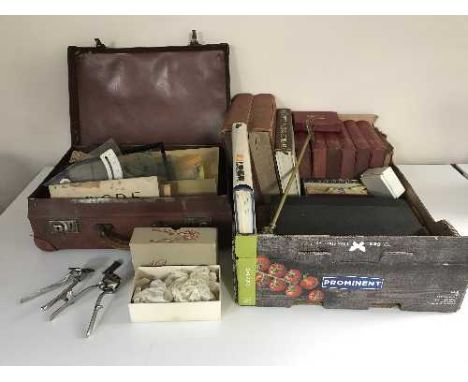 A box of miniature leather case of drawing instruments, assorted books, hair clippers, toasting fork, scrap books etc 