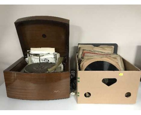 A mid twentieth century mahogany cased Pye 'Black Box' record player together with a box of assorted 78's 