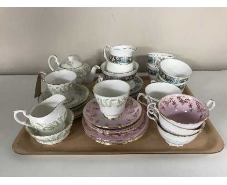 A tray of Royal Standard Whispering grass tea for two, three Royal Grafton china trios and part Royal Grafton Jade Rose tea s