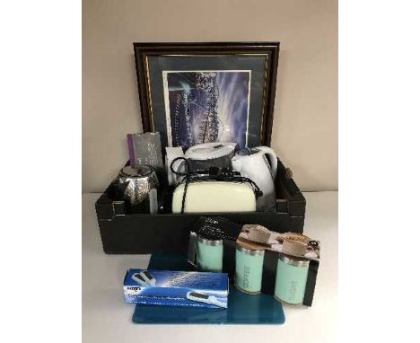 A Beldray steam mop and a box of filter jug, toaster, kettles etc and Limited edition print of the Tyne Bridge 