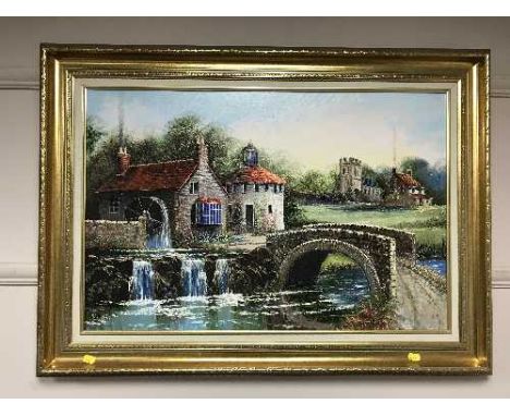 Dallas K. Taylor : A water wheel by a bridge, oil on board, signed, framed. 