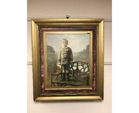 A Victorian over painted print depicting a child on a bench 