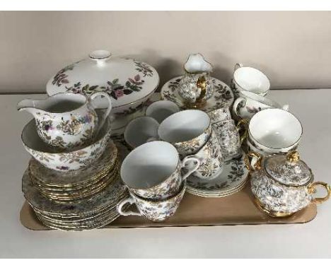 A tray of twenty four pieces of Wedgwood Hathaway rose tea china together with part Durham china tea service and continental 