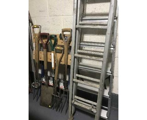 An aluminium extension ladder, pair of folding steps, work bench and bundle of garden tools 