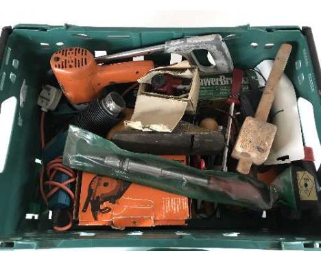 A crate of assorted power tools, attachments, hand tools, wood working planes together with a metal tool box with tools 