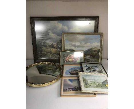 A box of assorted pictures and prints - Alhim print, gilt porthole mirror, etc 